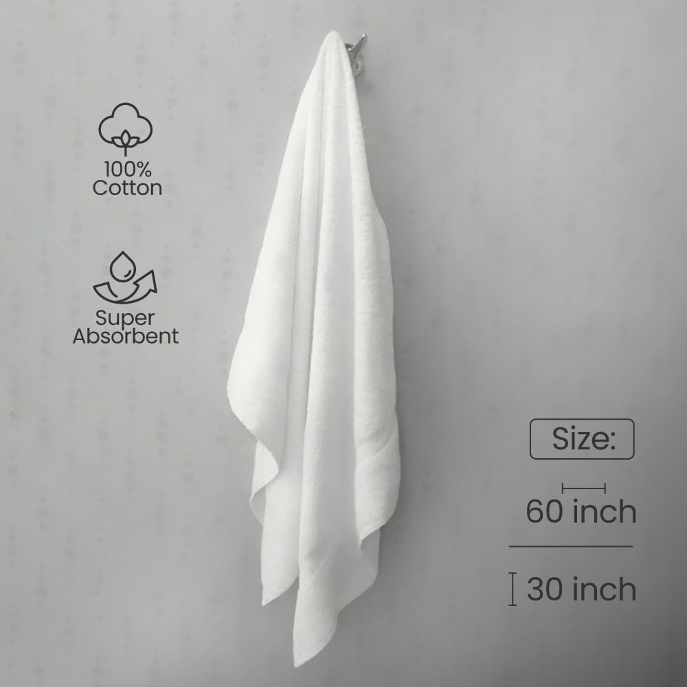 MIZT Toalla de baño grande, toalla 100% algodón, 30 x 60 pulgadas, peso ligero, súper absorbente, secado rápido, toallas para uso diario (blanco)