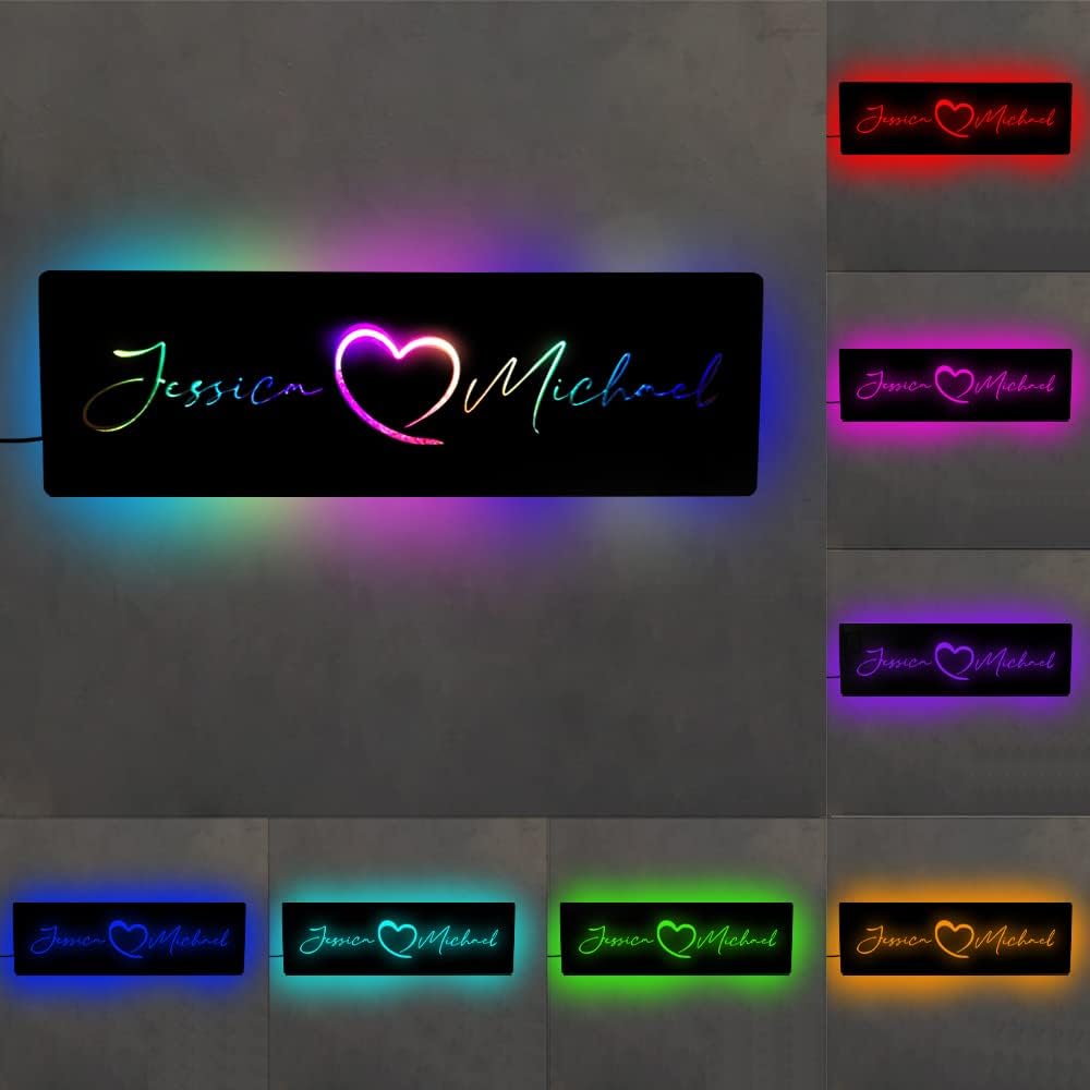 Luz nocturna personalizada con nombre de pareja colorido con nombre LED, 2 nombres, luces de neón, letrero de nombre para colgar en la pared, espejo