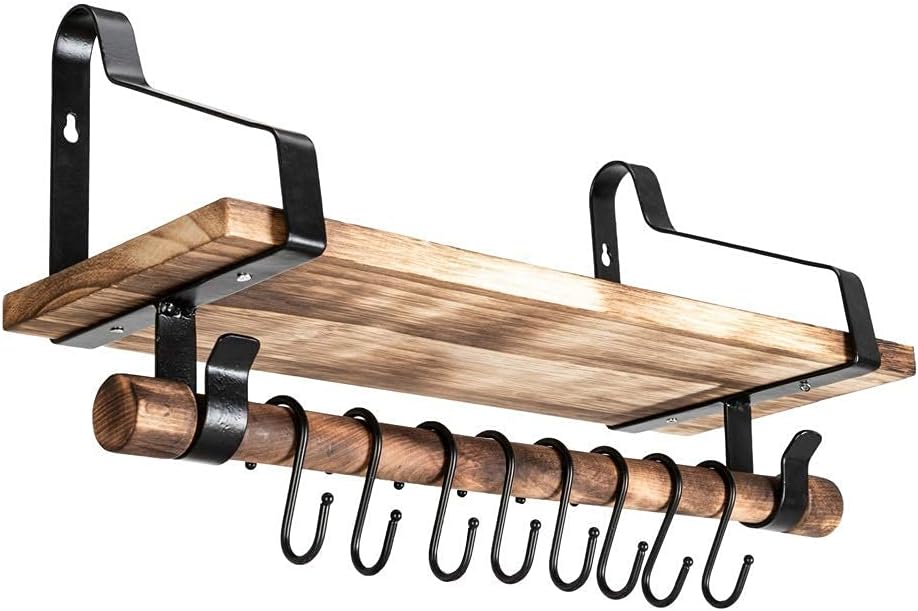 Estantes de pared de madera con toallero, estante de especias de cocina de madera rústica con barra de toalla y 8 ganchos extraíbles para baño,