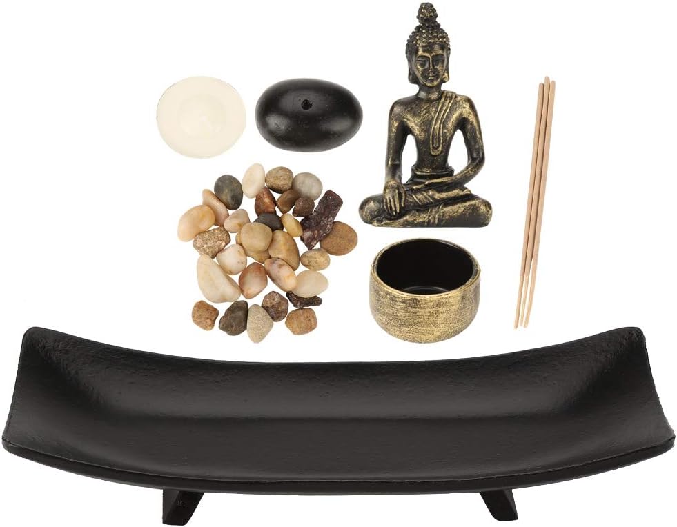 Juego de velas de Buda con Buda de resina, soporte de candelita de cristal, barra de incienso y soporte, piedras decorativas para decoración del