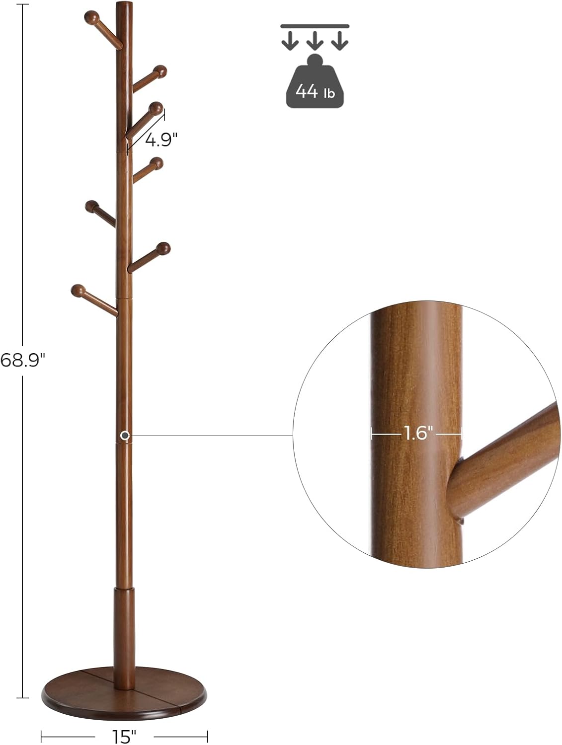 VASAGLE Perchero de madera maciza, árbol de pasillo de madera, perchero con 7 ganchos redondeados, base redonda estable, 3 opciones de altura, para