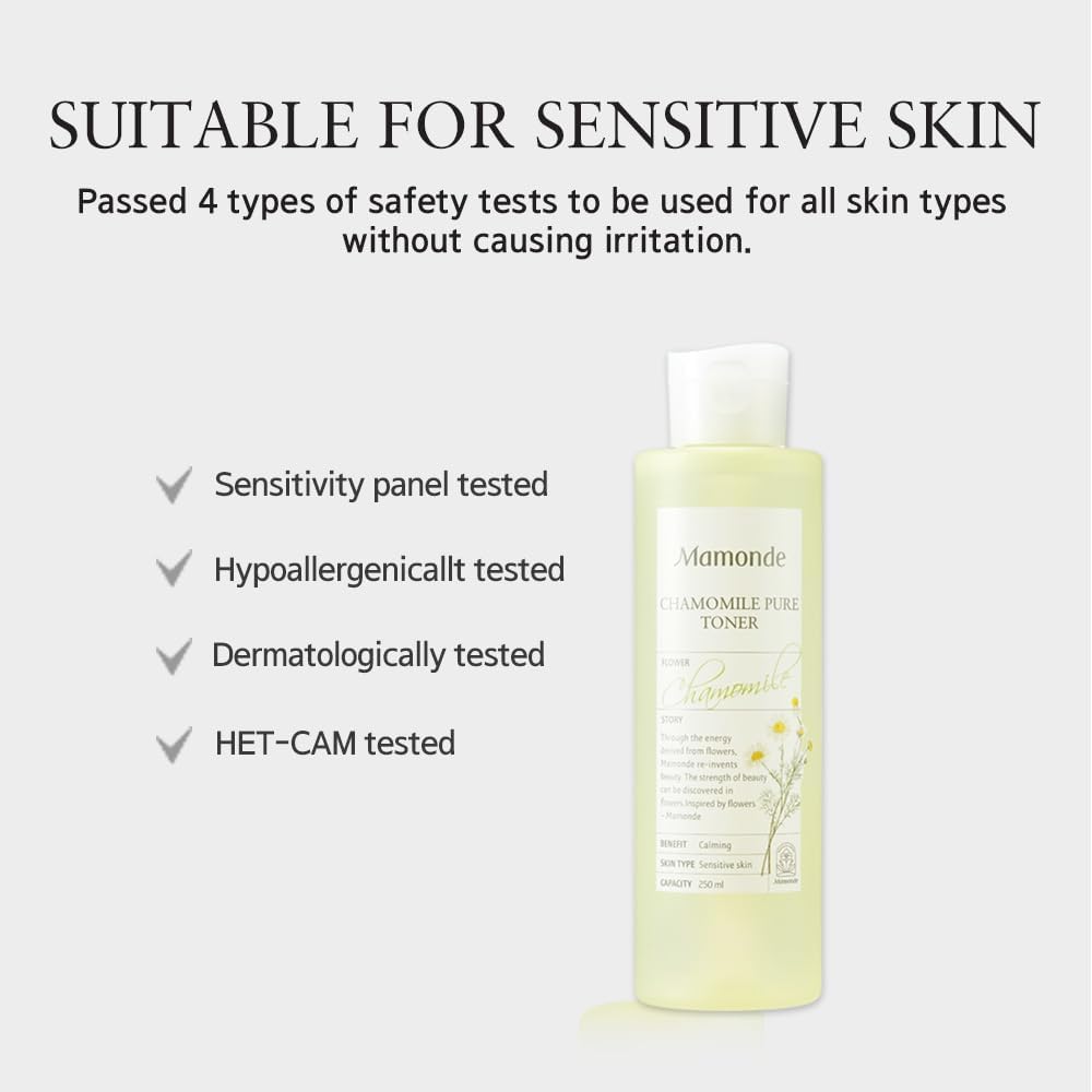 Mamonde Tónico puro de manzanilla, tóner facial calmante y suave para pieles sensibles, barrera cutánea fortalecedora de provitamina B5, probada