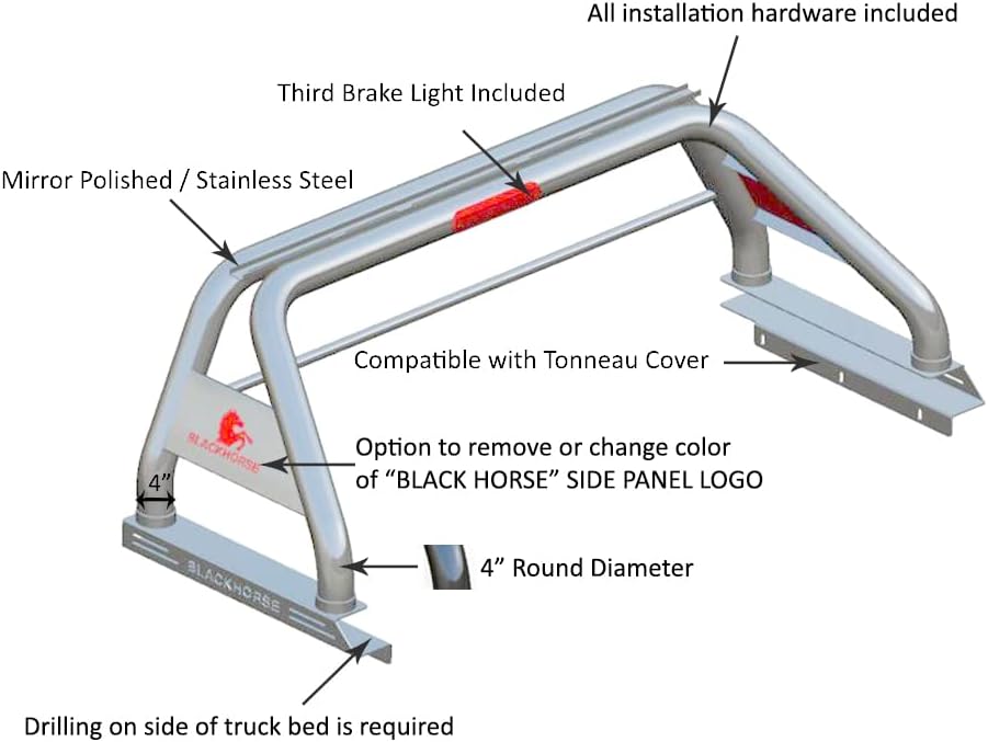 Black Horse – Barra antivuelco clásica de acero inoxidable compatible con Toyota Tacoma RB006SS 2005-2023