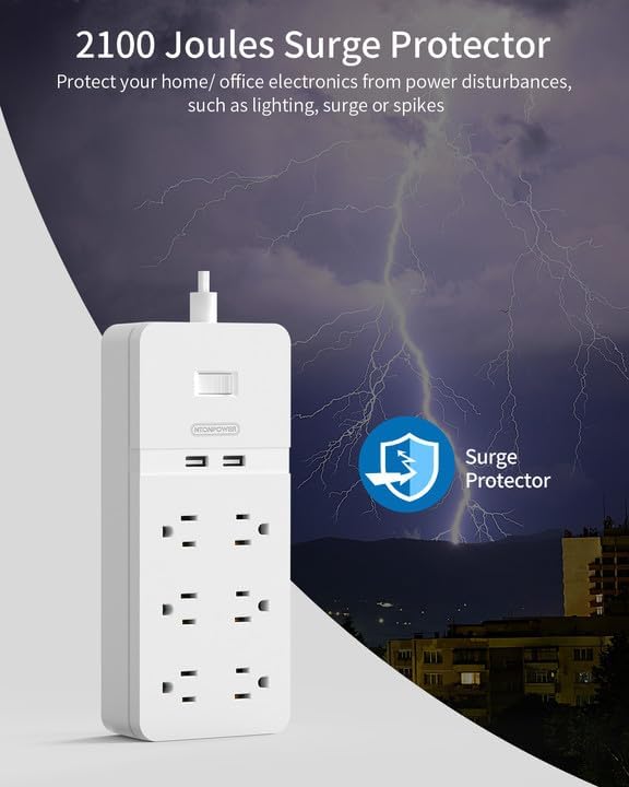 Regleta de alimentación de 2 clavijas con cable de extensión de 10 pies, protector de sobretensiones de enchufe plano NTONPOWER con 6 tomas, 2