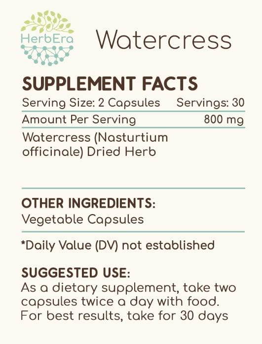 Watercress 60 Capsules, 800 mg, Concentrated Liquid Drops Natural Watercress (Nasturtium Officinale) Dried Herb (60 Capsules)