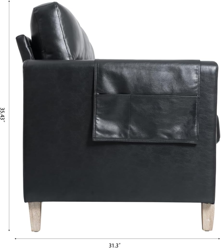 Sofá de 3 plazas de piel sintética, asiento profundo con bolsillo lateral de almacenamiento y patas de madera de goma, montaje sin herramientas,