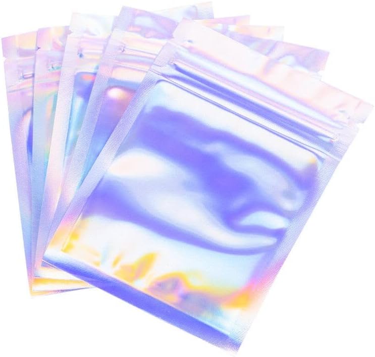 Bolsas reutilizables con cierre de cremallera, 100 bolsas holográficas de doble cara, a prueba de olores, bolsas de papel de aluminio (holográficas,
