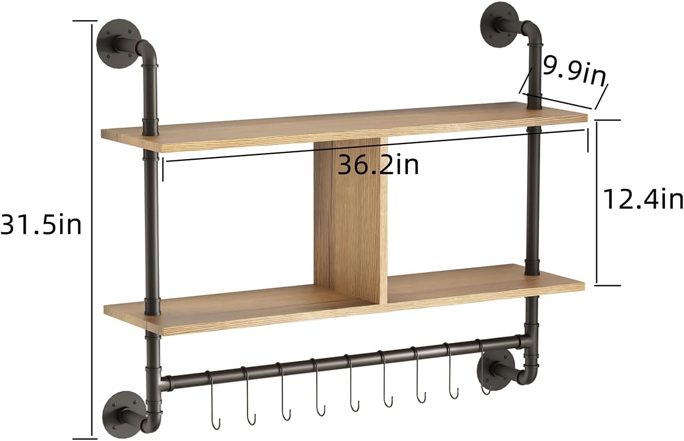 MAIKAILUN Estantes flotantes de tubería, estante de barra de café con 9 ganchos ajustables para tazas, utensilios de cocina o toallas para cocina,