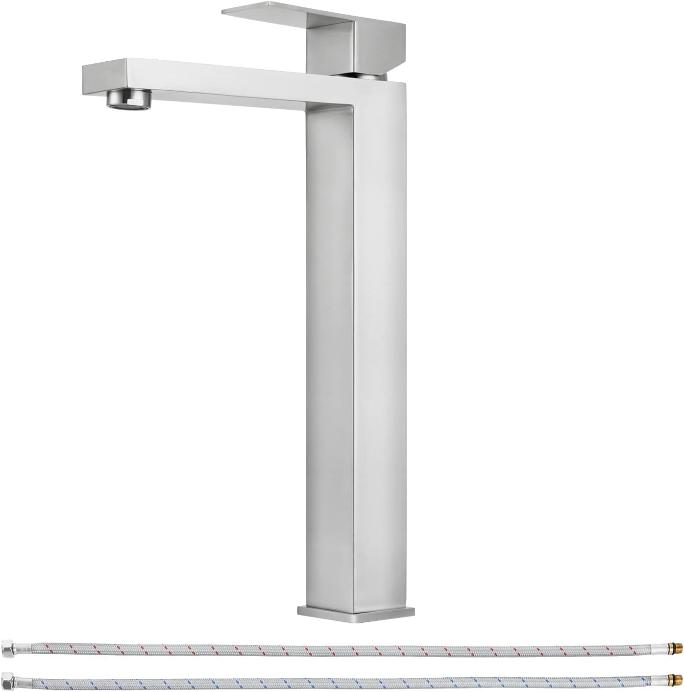 Grifo monomando para lavabo de un solo mango, grifo mezclador de lavabo de baño alto, un agujero con línea de suministro de agua, níquel cepillado