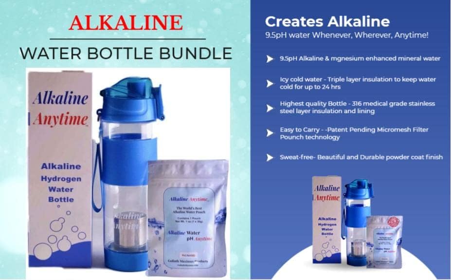 Alkaline Anytime – Botella de agua alcalina deportiva-1 (9.5 pH) filtro alcalino y acero inoxidable infundido a prueba de fugas, sin BPA,