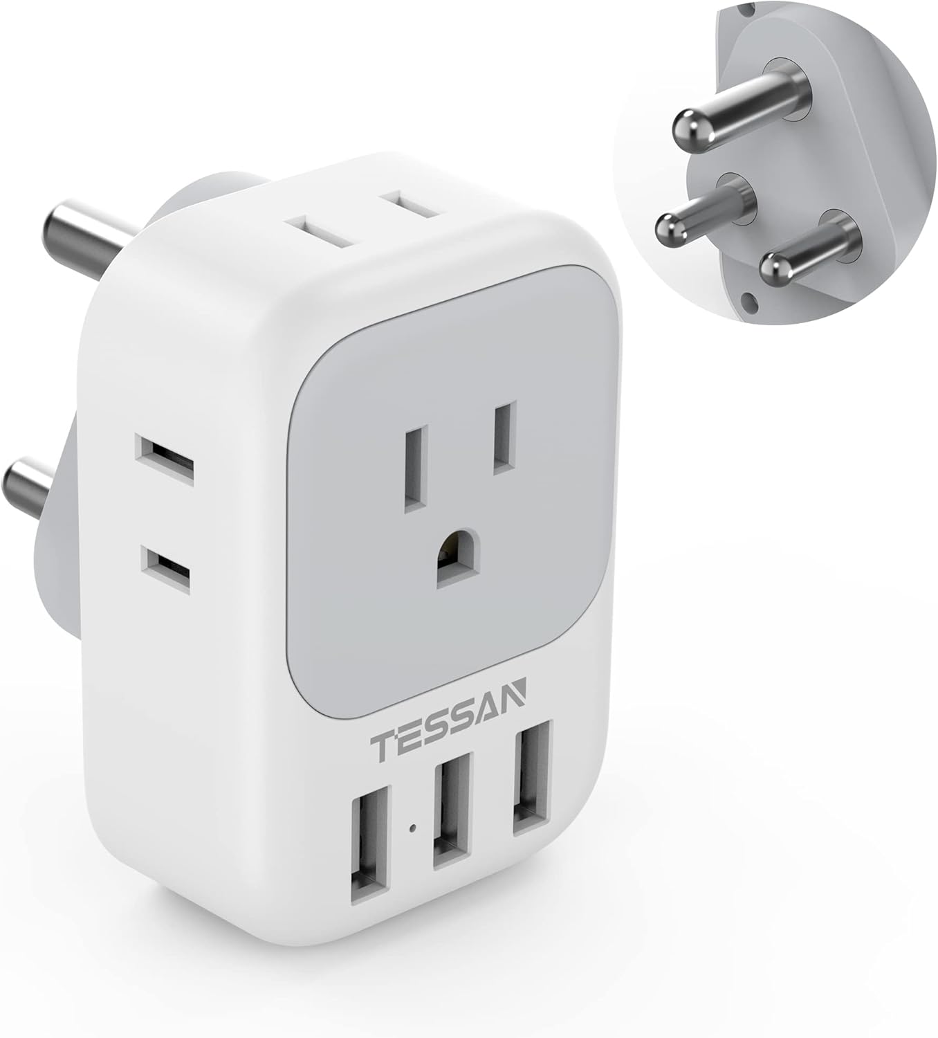 TESSAN Adaptador de corriente para Sudáfrica, adaptador de enchufe de viaje tipo M con 4 salidas de CA y 3 puertos USB para EE. UU. a Sudáfrica