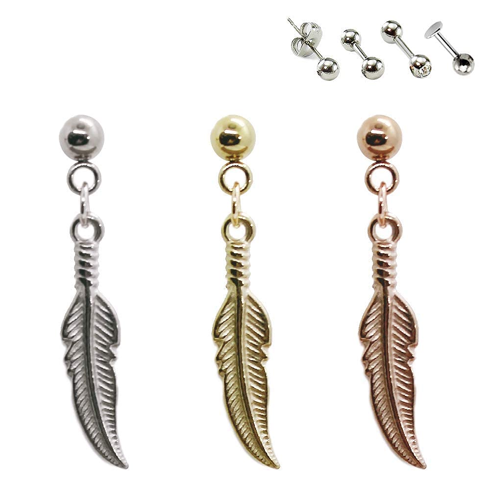 20g, 16g Feather cartilage earring, Rose Gold helix earring, Tragus ear stud labret, cartilage jewelry, Stainless Steel, Sold individually
