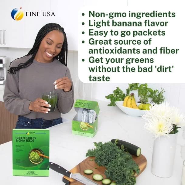 FINE USA Jugo de hierba de cebada verde en polvo con semillas de chía de Japón  Mezcla de verduras con col rizada, aojiru, calabaza amarga