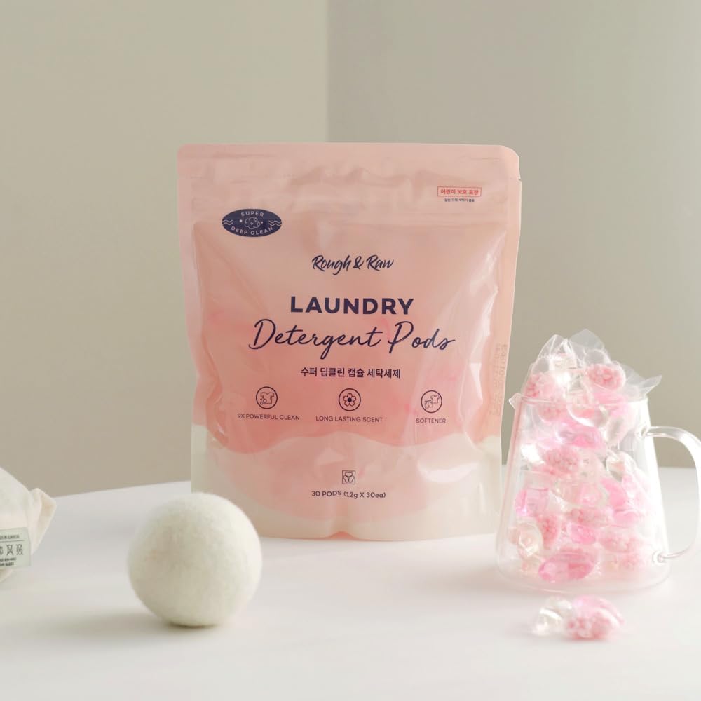 ROUGH & RAW, Cápsulas de detergente para ropa, flor de cerezo, rosa, alta eficiencia, refuerzo de aroma, 30 unidades