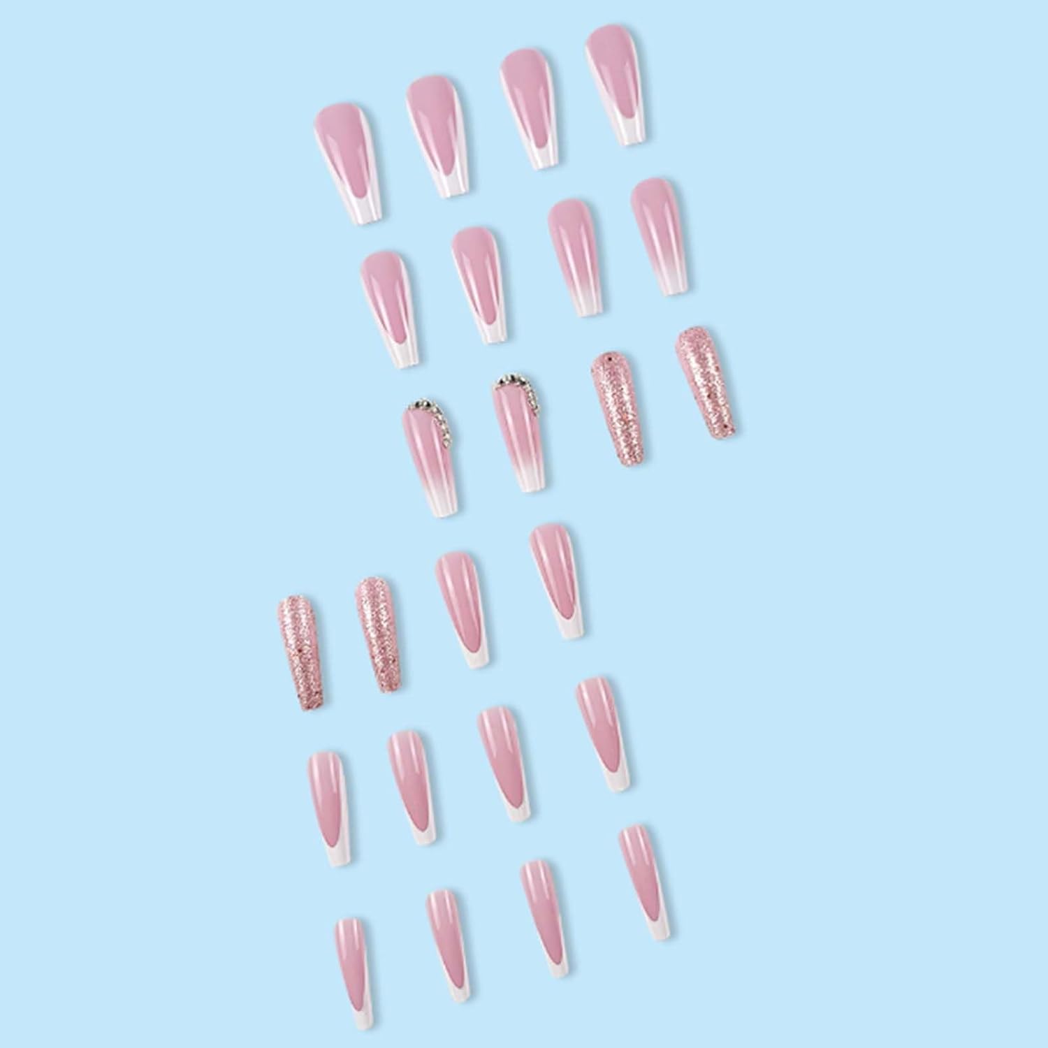 Uñas postizas largas tipo ataúd, uñas francesas blancas a presión, puntas de uñas degradadas, uñas postizas acrílicas con purpurina para mujeres y