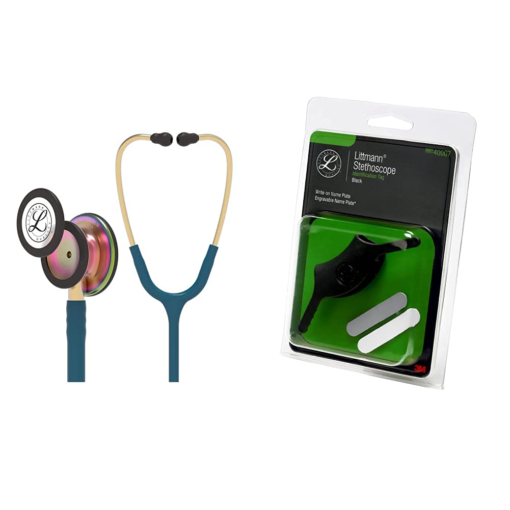 3M 5870 Littmann Classic III – Estetoscopio de monitoreo con acabado de arco iris con etiqueta de identificación negra, tubo azul caribeño de 27