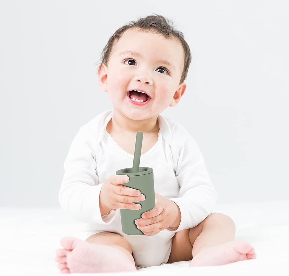 Vaso con popote para niños pequeños, taza de entrenamiento de silicona de grado alimenticio para bebé, viene con cepillo para pajilla, sin BPA, 7