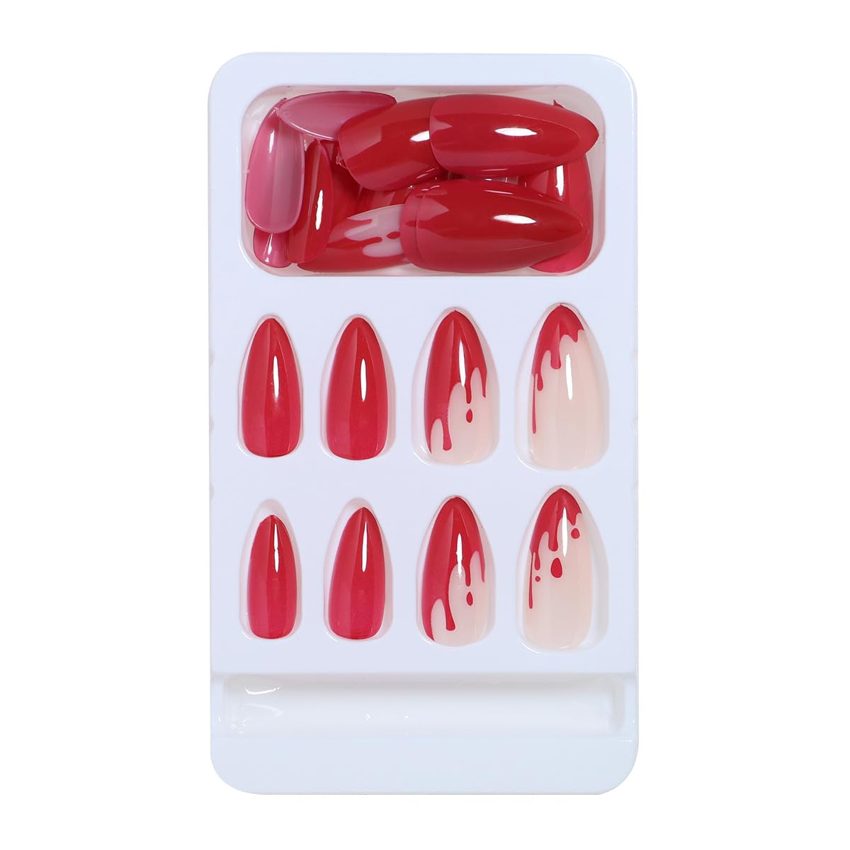 LPOONNDU – Uñas a presión de Halloween con forma de almendra, uñas postizas medianas de Halloween, color rojo brillante para mujeres, juego de 24