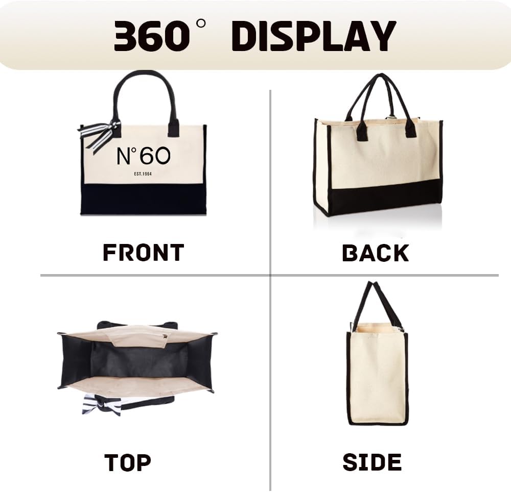 QLSKO Bolsa de lona de regalo de cumpleaños número 60 para mujeres, N60 EST.1964, bolsa de playa de recuerdo para fiesta de 60 años, regalo de