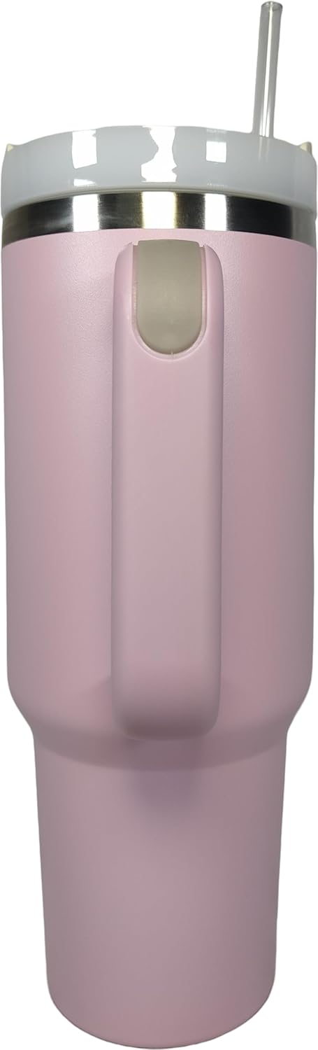 Vaso de 40 onzas con asa y pajita, acero inoxidable, doble capa, aislado al vacío, taza térmica perfecta para agua, té, café (rosa)