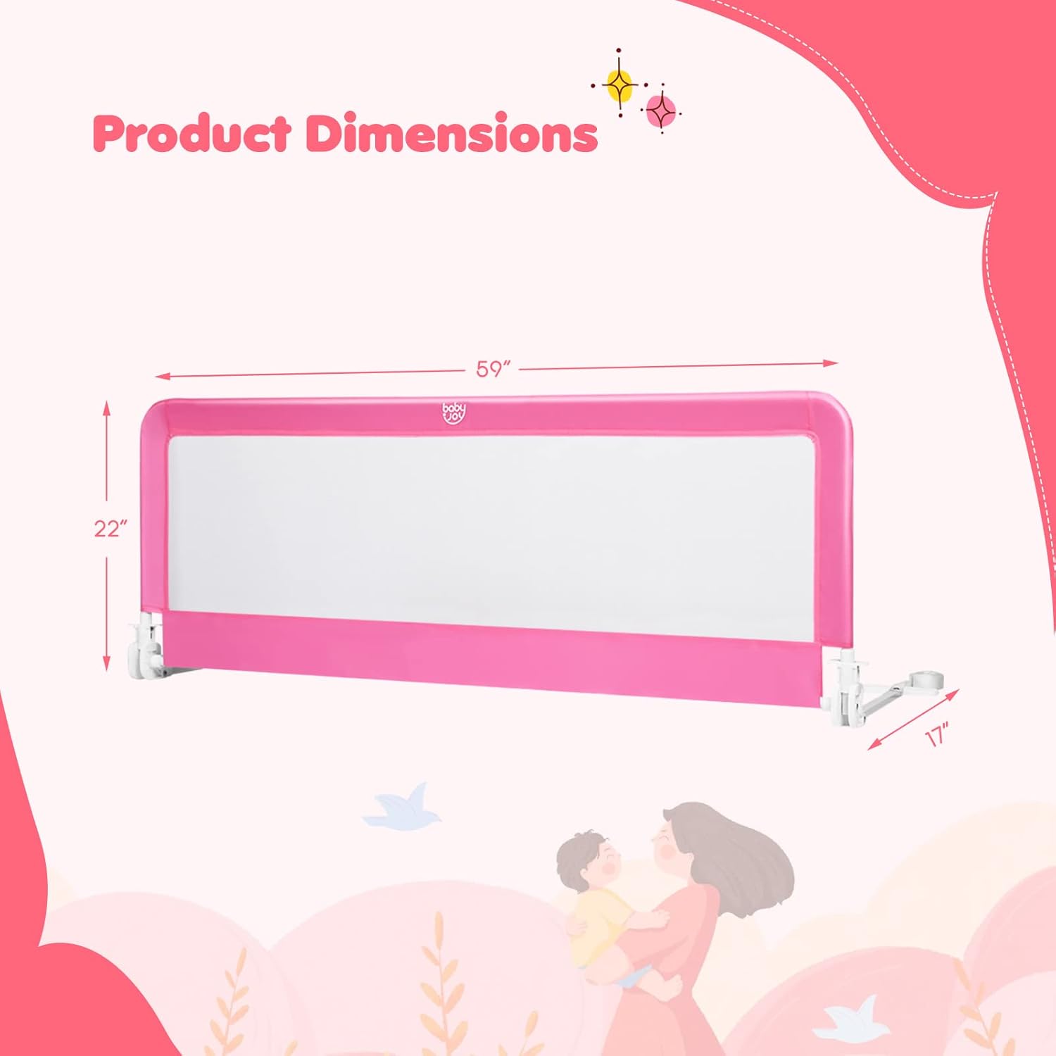 BABY JOY Rieles de cama para niños pequeños, 59 pulgadas, extra largo, protector de cama abatible con correas de seguridad, barandilla plegable para