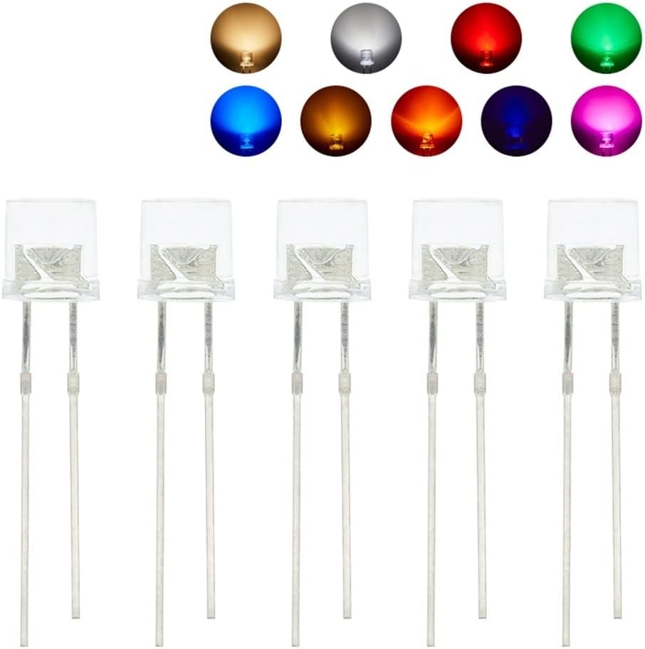 100pcs Min 0.197 in Top plano Blanco Rojo Rosa Amarillo Azul Gran Angular Lámpara de Luz Diodo LED Ultra Brillante Diodo Emisión F5 0.197 in Lámpara