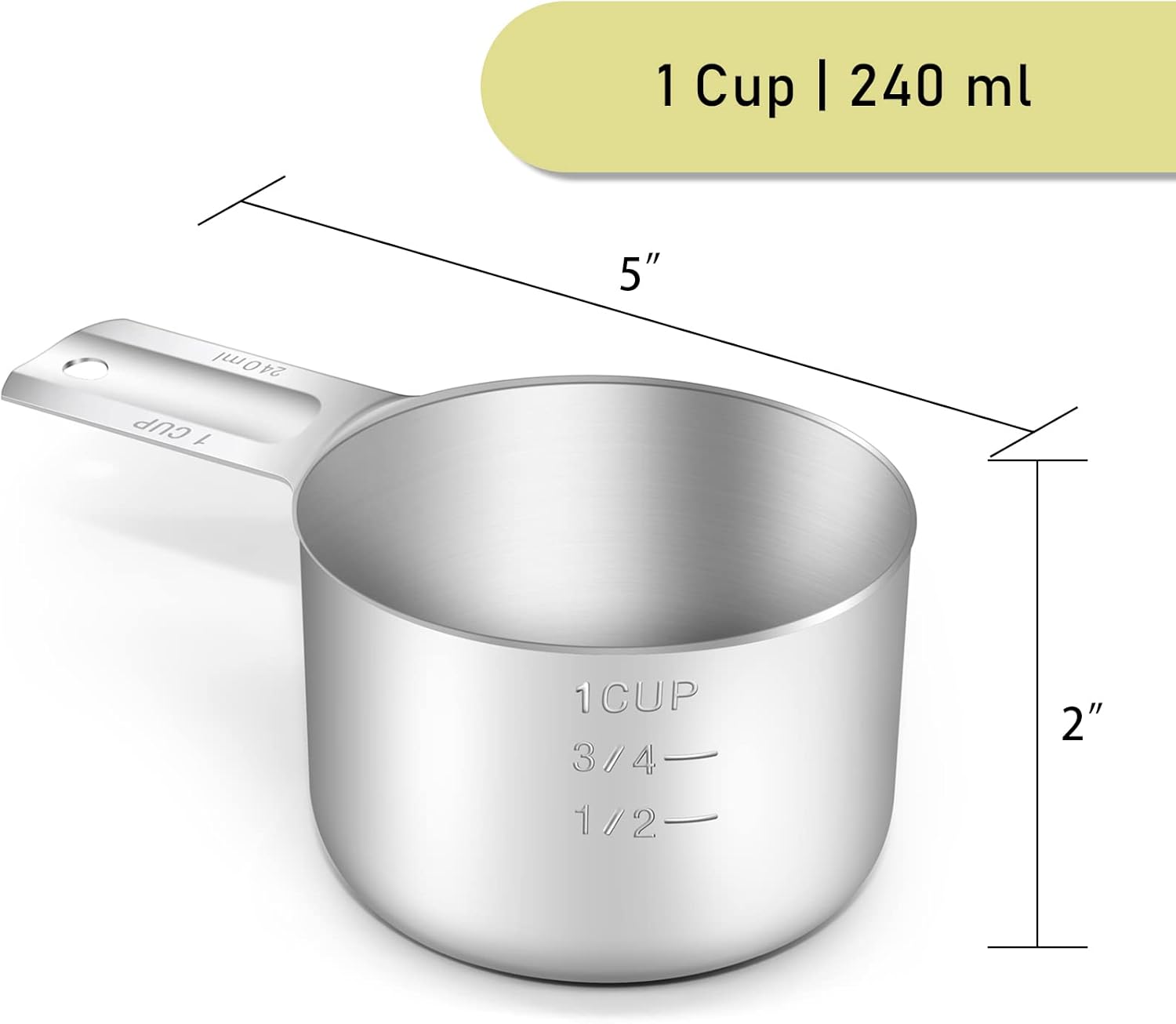 BERYLER Paquete de 2 vasos medidores, 1 taza (8.1 fl oz, 240 cc, 8 onzas), tazas medidoras de acero inoxidable, taza medidora de metal, utensilios