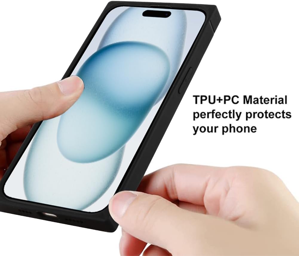 SAKUULO Funda para iPhone 15, protector de pantalla + soporte diseño cuadrado de bonito diseño de mariposa azul, protección de bordes de TPU suave,