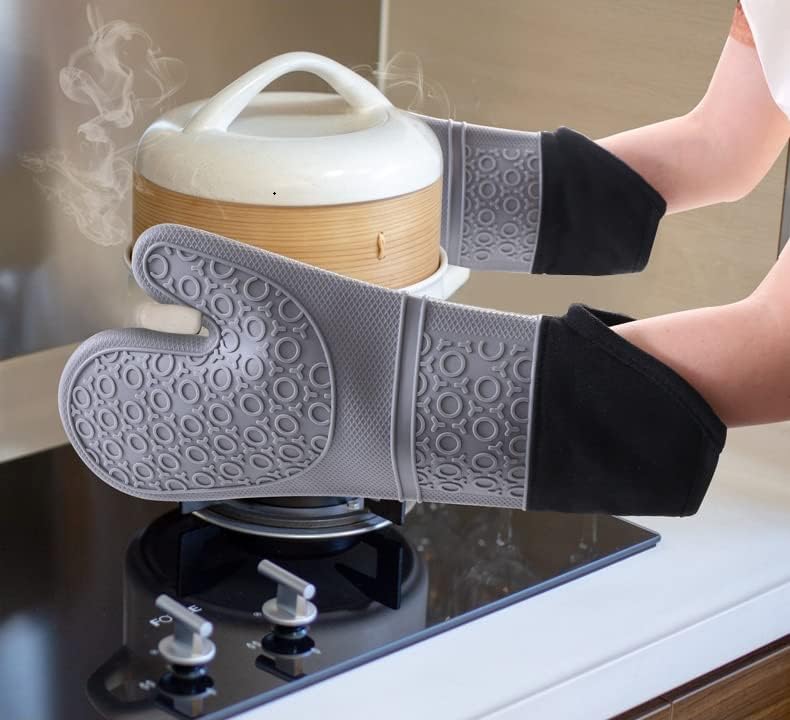 Mikam – Juego de 6 soportes para manoplas y ollas de silicona extra larga resistente al calor, para cocinar y hornear o barbacoa (grisnegro)