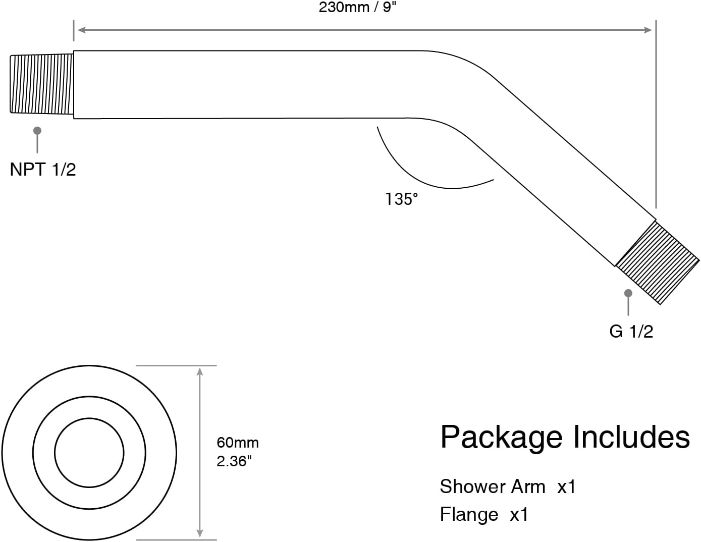 Brazo de ducha en ángulo con brida, montado en la pared de acero inoxidable resistente de 9 pulgadas, brazo extensor de tubo de extensión de cabezal