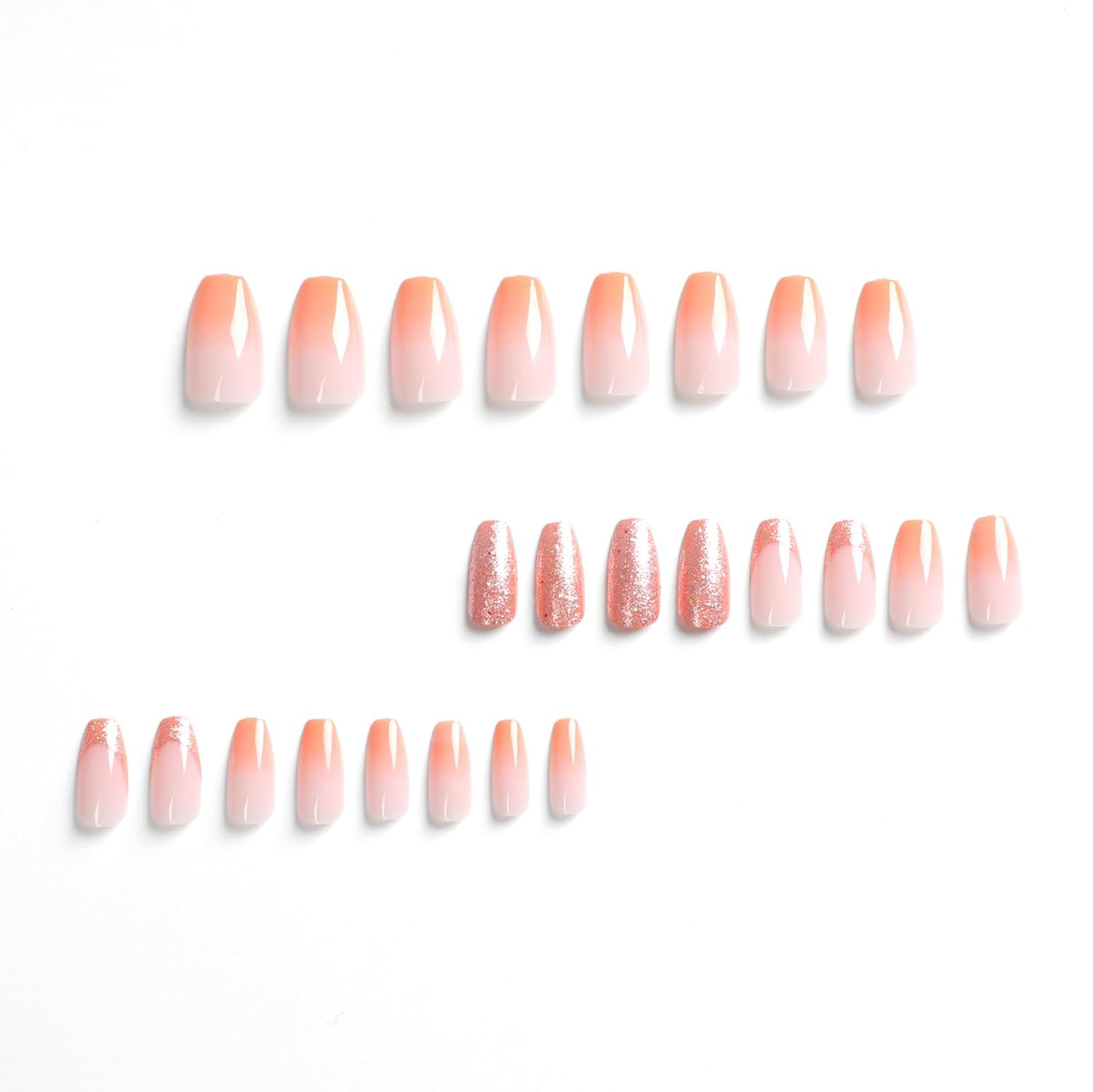 Uñas postizas de punta francesa a presión, uñas postizas medianas con pegamento color naranja degradado, uñas acrílicas de cobertura completa con