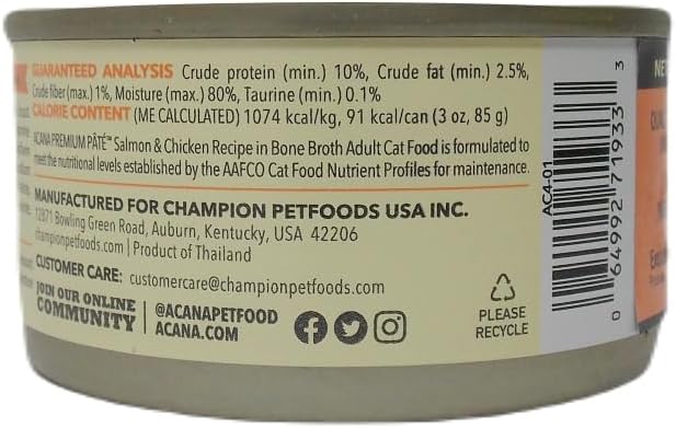 ACANA – Alimento premium para gatos sin cereales en paté de 3 sabores, 6 latas, variedad de muestras – (2) cada uno pollo con salmón, pollo con