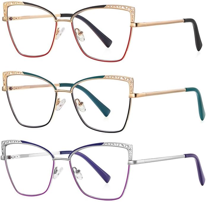 Paquete de 3 lentes de lectura progresivos de ojo de gato con marco hueco de metal, lentes de lectura multienfoque, elegantes con bloqueo de luz azul