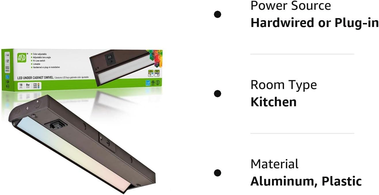 ASD Iluminación LED giratoria para debajo del gabinete, bronce de 18 pulgadas, 8 W, cableado o enchufable, 2700 K3000 K4000 K seleccionable, lente