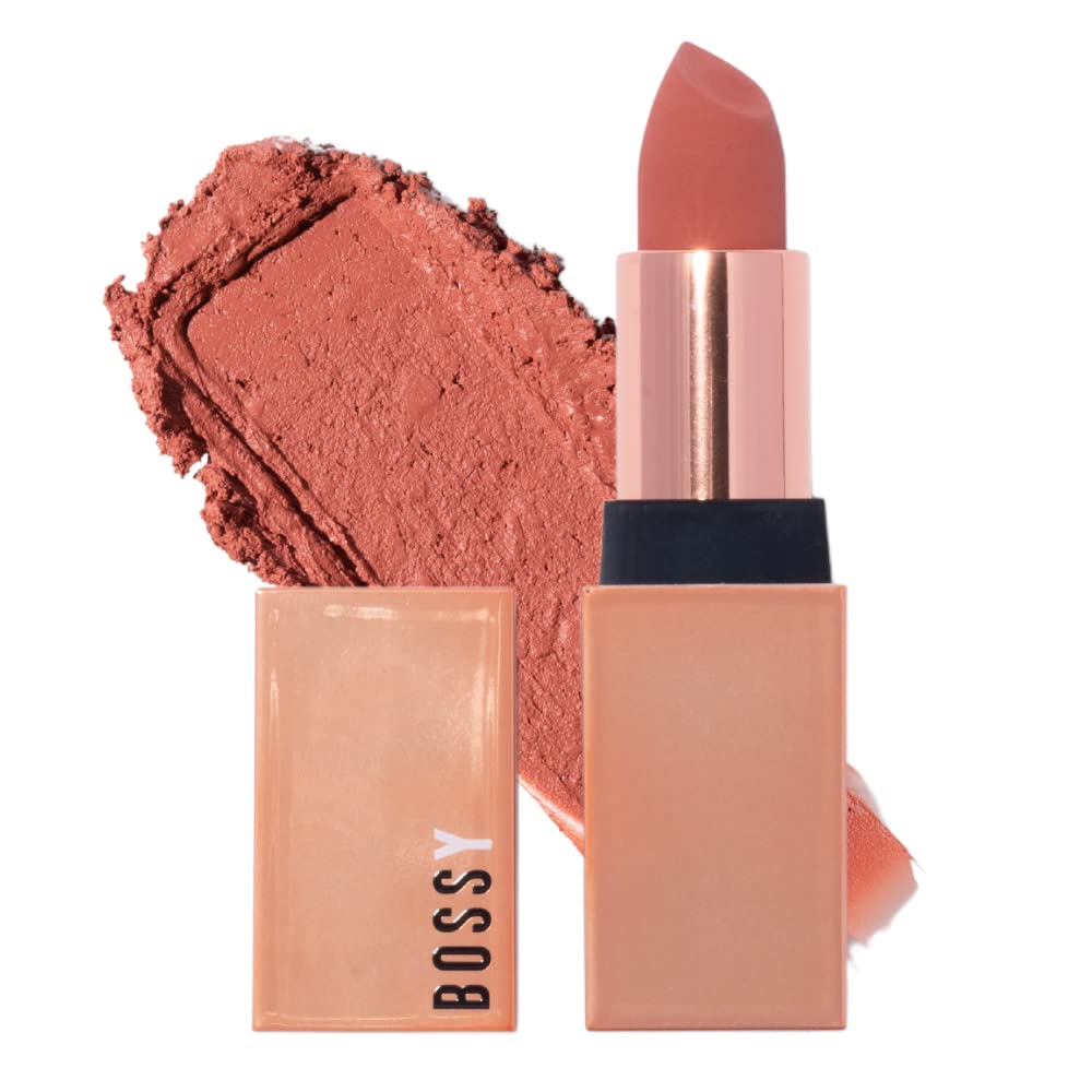Bossy Cosmetics Lápiz labial vegano mate, de larga duración, hidratante con vitamina E y aceite de semilla de sandía (Badass – Color naranja suave)