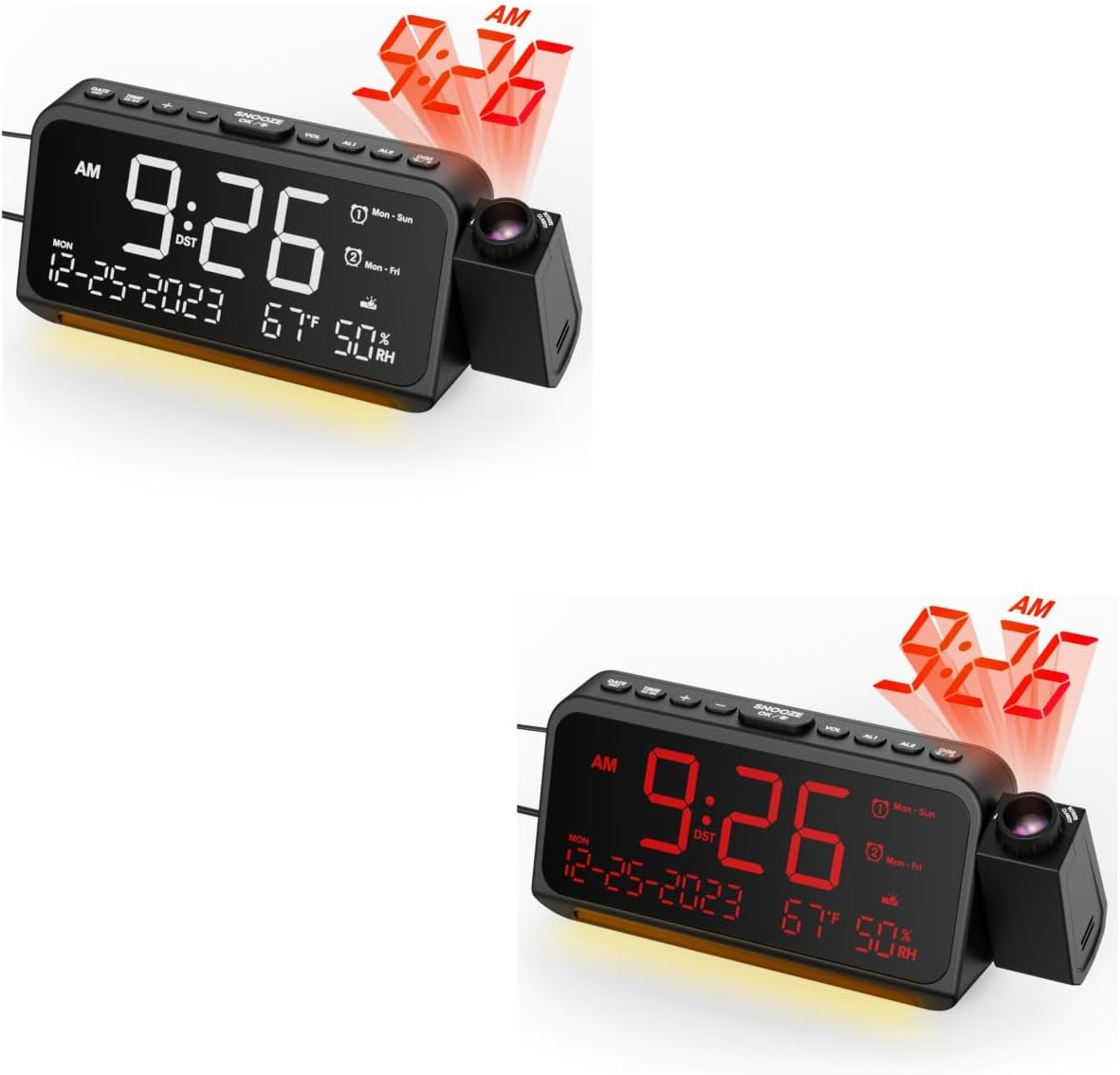 Reloj despertador de proyección con luz nocturna, fecha, temperatura, pantalla de humedad, proyector de reloj digital en la pared del techo con