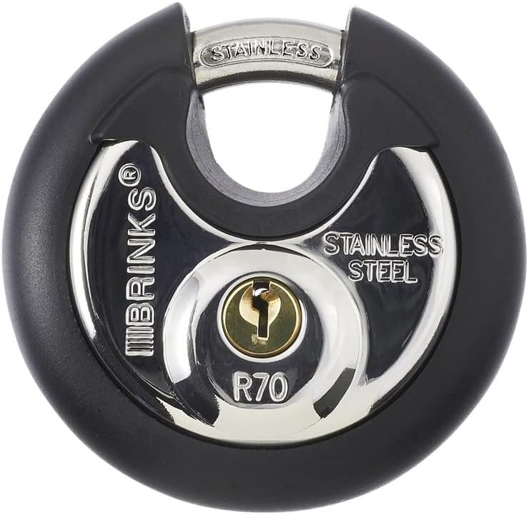 BRINKS – Candado de disco con llave de acero inoxidable comercial de 2.756 in – Cuerpo de acero inoxidable con grillete de acero inoxidable y
