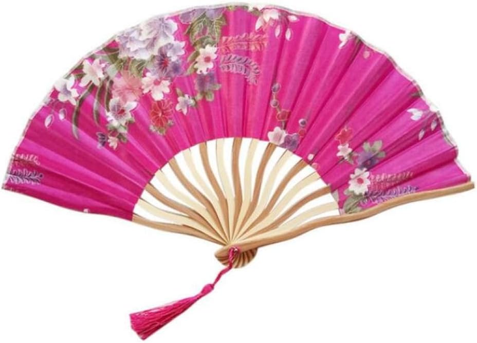 Original Hand Fan Folding, Decorative Folding Fans Fashion Floral Bamboo Fans with Tassel Rose Red Chinese Silk Fans Elegant Handmade Spanish Fan