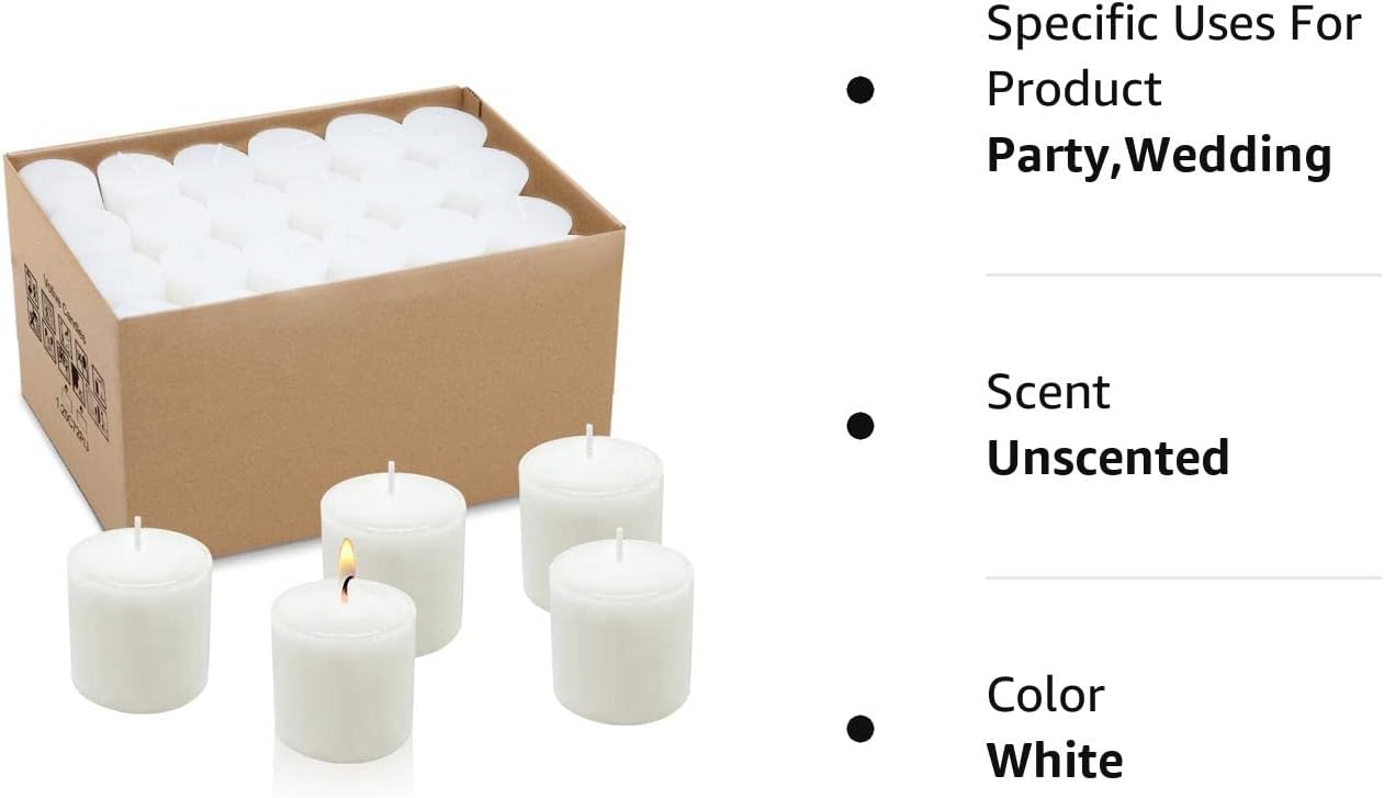 Velas votivas blancas sin perfume a granel, 36 paquetes de velas pequeñas de cera de 1.5 pulgadas para bodas, fiestas, vacaciones y hogar, 10 horas
