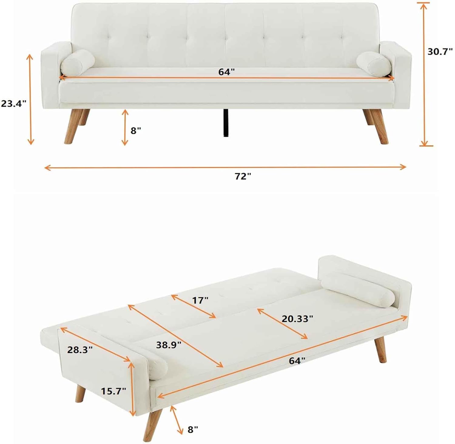 Sofá cama tipo futón de mediados de siglo de 72 pulgadas, sofá cama convertible con patas de maderareposabrazosalmohadas, sofá biplaza tapizado