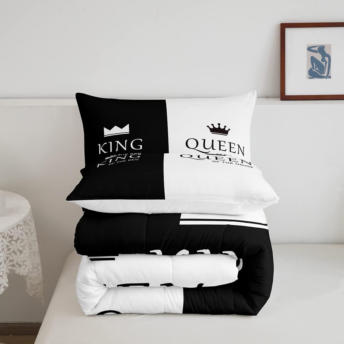 Feelyou Juego de edredón de corona Queen y King, para él y ella, juego de ropa de cama a juego para parejas, amantes del día de San Valentín, juego