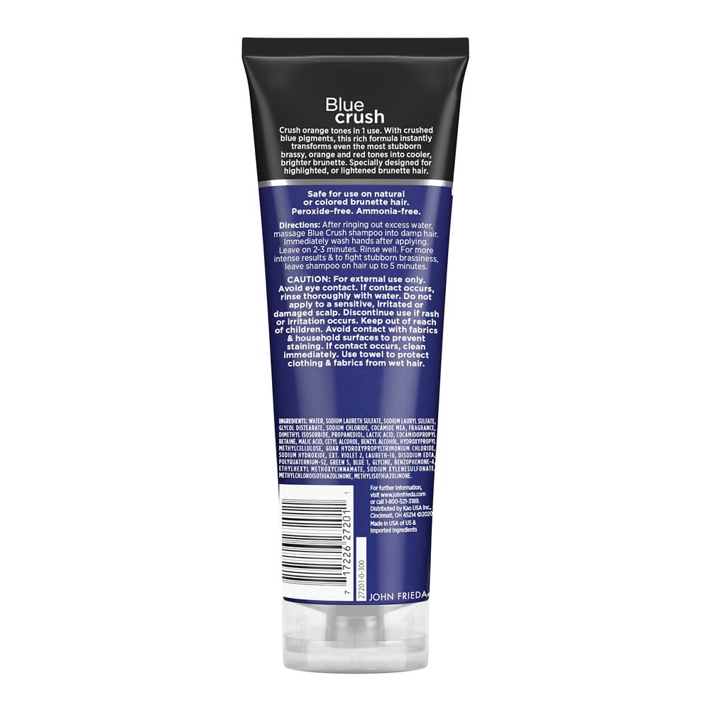 John Frieda Blue Crush for Brunettes Blue Champú, 8.3 onzas líquidas, neutraliza los tonos cobrizos, champú tonificante para cabello teñido y morena