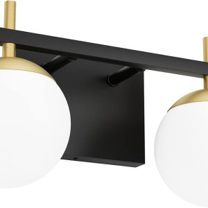 Ralbay Lámpara de tocador de baño de oro negro 2 luces de mediados de siglo moderna lámpara de pared de bola de vidrio lechoso negrodorado para baño Ralbay Lámpara de tocador de baño de oro negro 2 luces de mediados de siglo moderna lámpara de pared de bola de vidrio lechoso negrodorado para baño