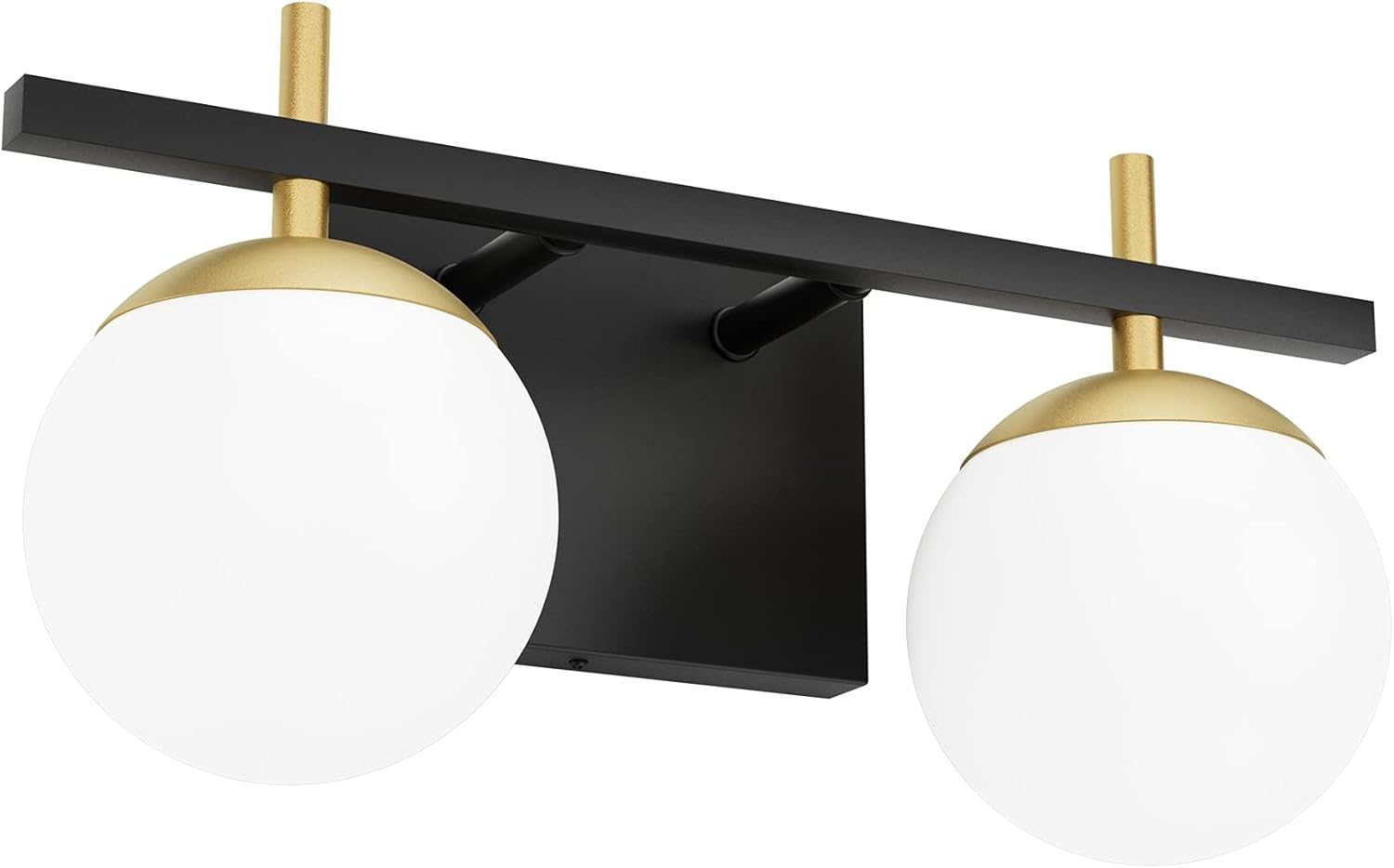Ralbay Lámpara de tocador de baño de oro negro 2 luces de mediados de siglo moderna lámpara de pared de bola de vidrio lechoso negrodorado para baño