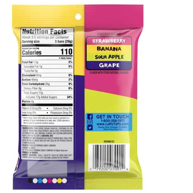 Laffy Taffy – Mini bar de dulces masticables  Delicioso sabor surtido de manzana agria, uva, fresa y plátano envueltos individualmente  Cesta de