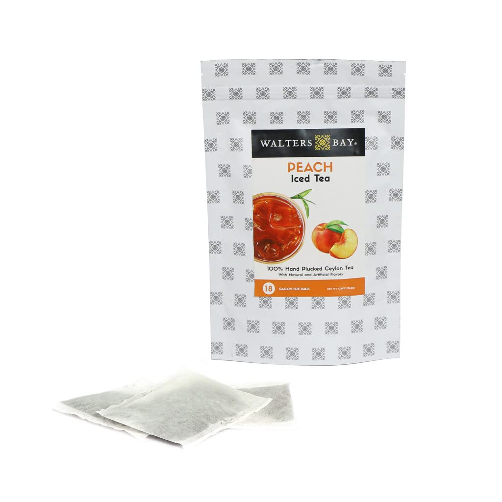 Walters Bay Té helado de melocotón, 18 unidades, cada bolsa hace 1 galón, tamaño familiar, sabor a melocotón del sur, 100% desplumado a mano, té