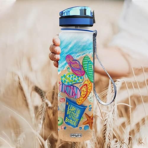 64HYDRO Botella de agua motivacional de 32 onzas con marcador de tiempo y colador extraíble, tapa abatible, a prueba de fugas, duradera, sin BPA, no