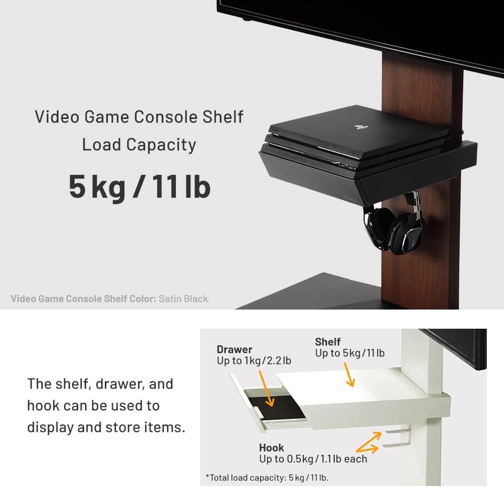 WALL Estante de consola de videojuegos con cajón de almacenamiento para soporte de TV modelos V2V3V5  Negro satinado