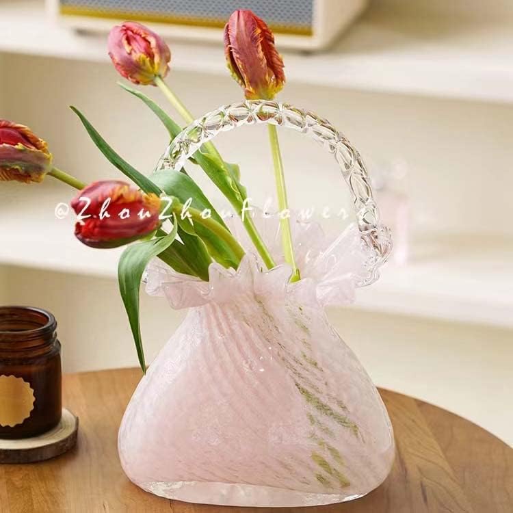 Jarrón de cristal hecho a mano para florero de flores de forma de bolso único florero decorativo
