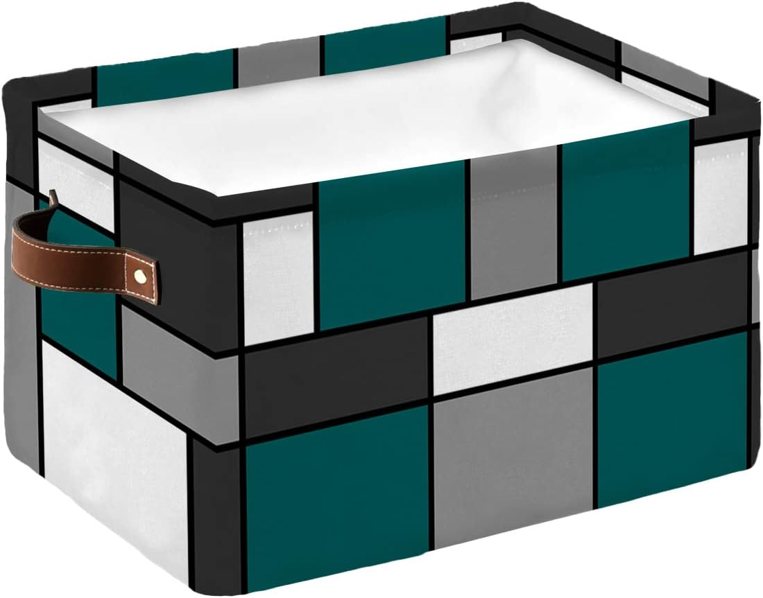 Cesta de almacenamiento geométrica gris turquesa para organizar estantes, cajas de almacenamiento plegables con asa, cesta de lona moderna blanca